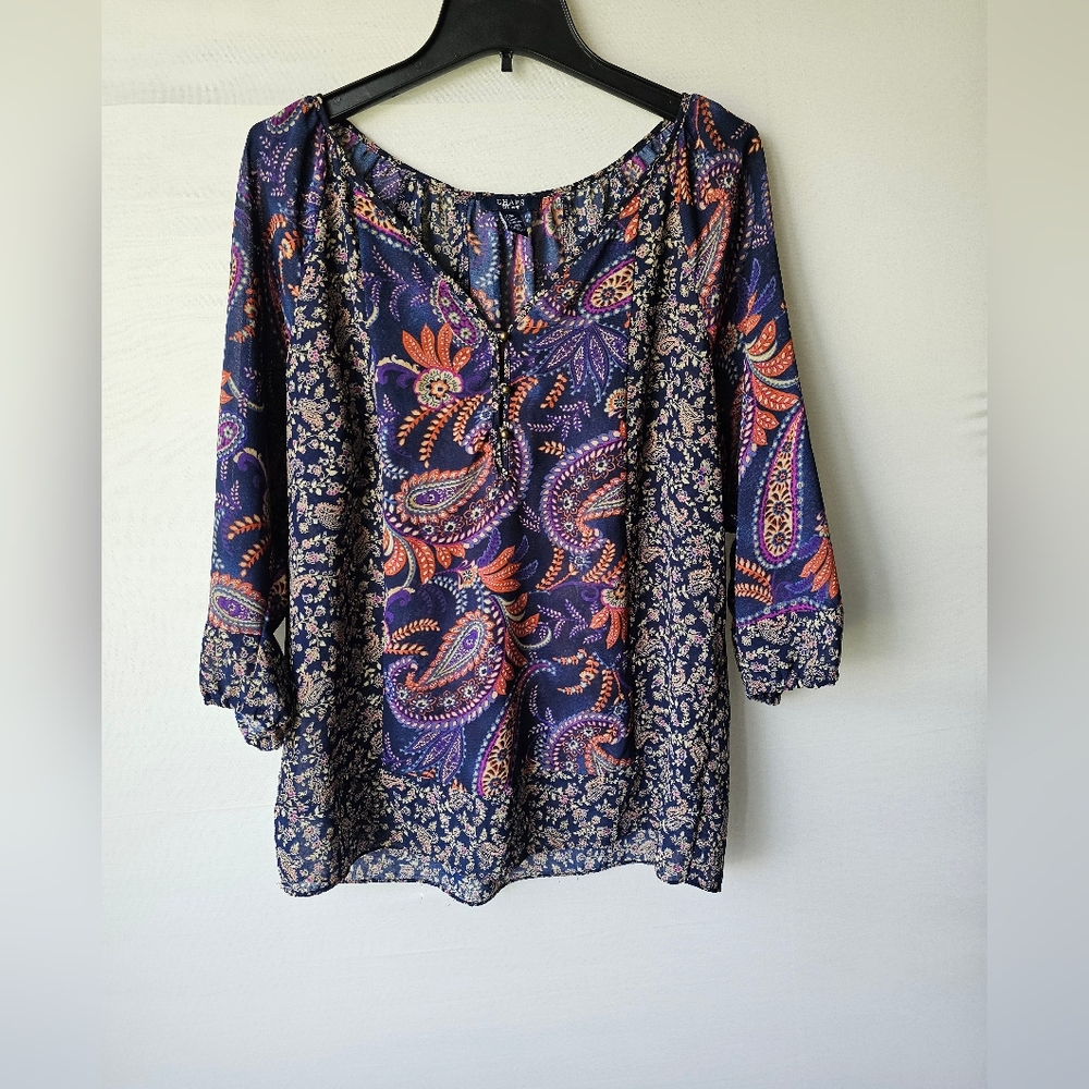 Chaps Women's Navy Paisley Peasant Blouse - Picture 2 of 13